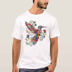 Colorful Floral Hummingbird Watercolor Art  T-Shirt