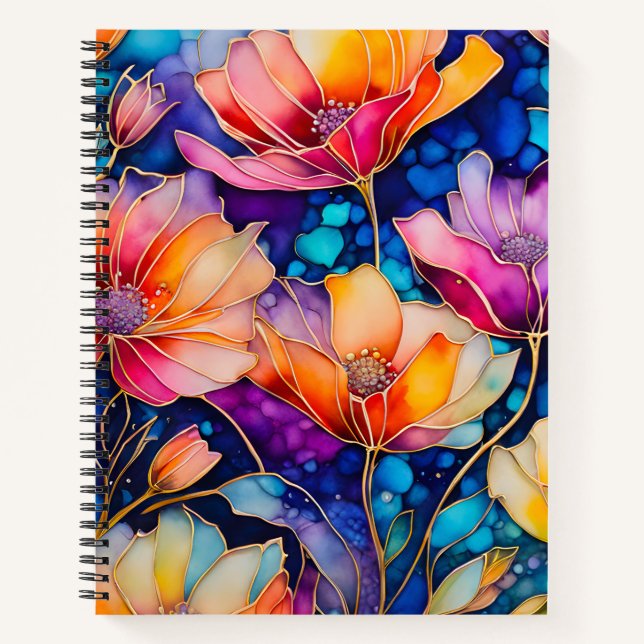 Colorful Floral Ink Art Spiral Notebook (Front)