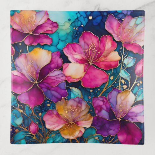 Colorful Floral Ink Art Trinket Tray