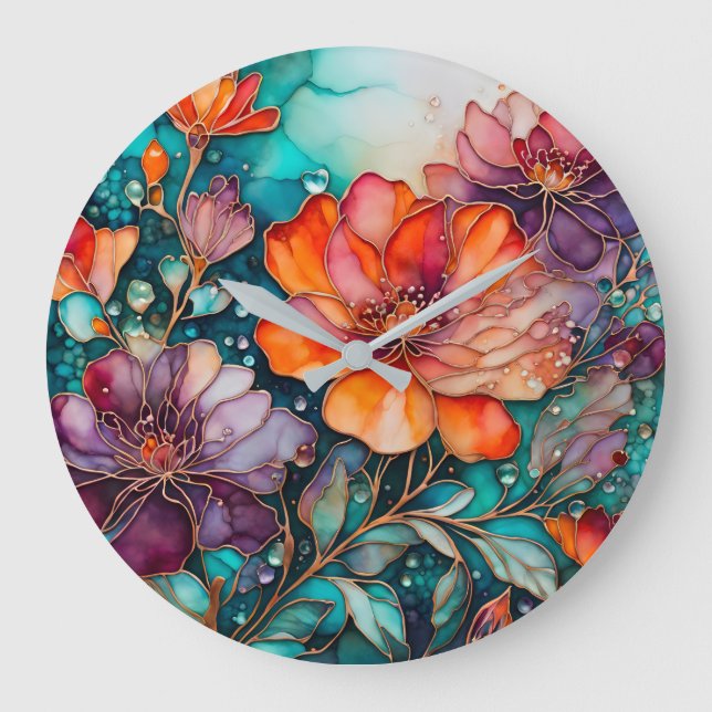 Colorful Floral Ink Art Wall Clock (Front)