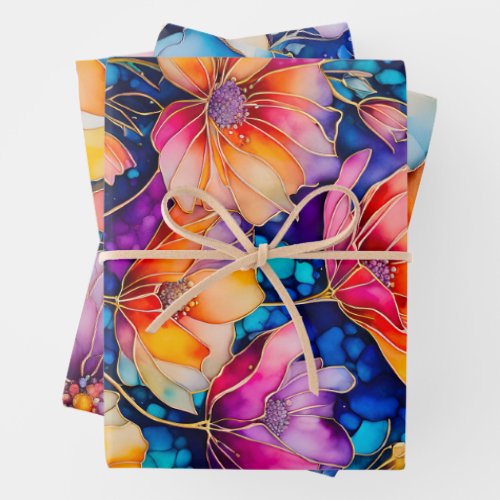 Colorful Floral Ink Art Wrapping Paper Sheets