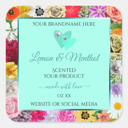 Colorful Floral Light Teal Product Labels Hearts