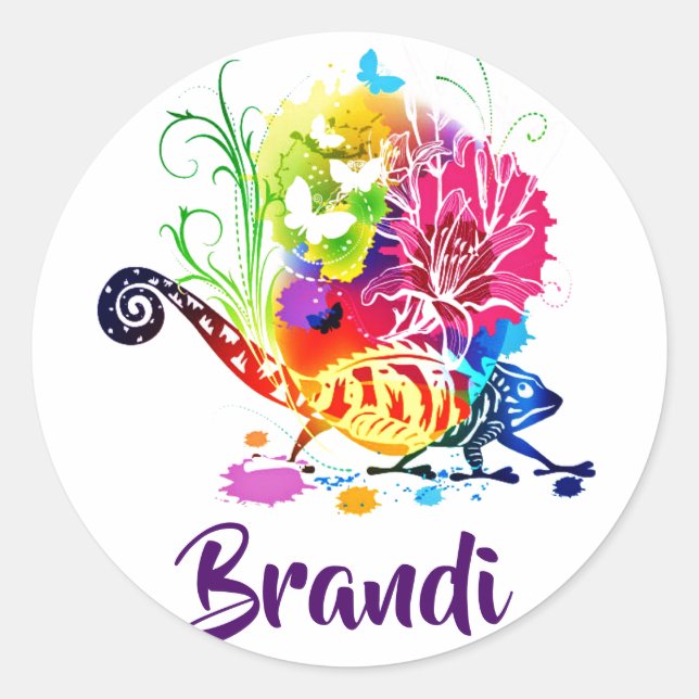 Colorful floral lizard personalized  classic round sticker (Front)