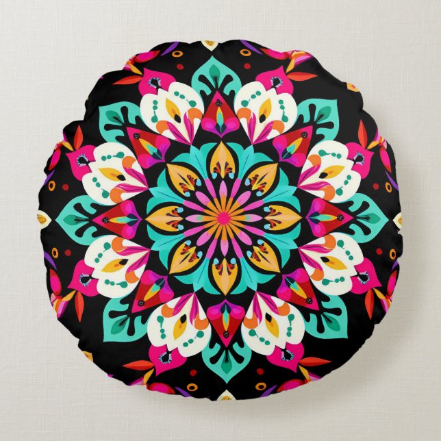 Colorful Floral Mandala Pattern Round Pillow (Front)