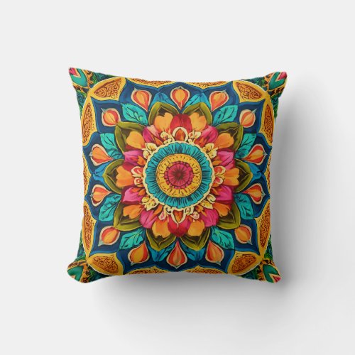 Colorful Floral Mandala Throw Pillow