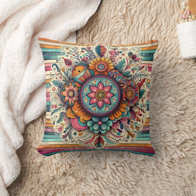 Colorful floral mandala with intricate patterns throw pillow (Blanket)