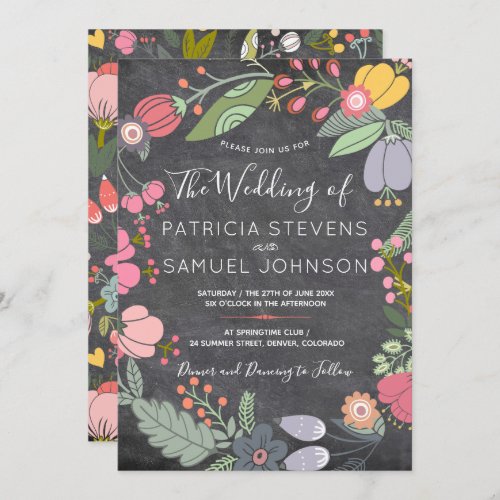 Colorful floral meadow wreath chalkboard wedding invitation