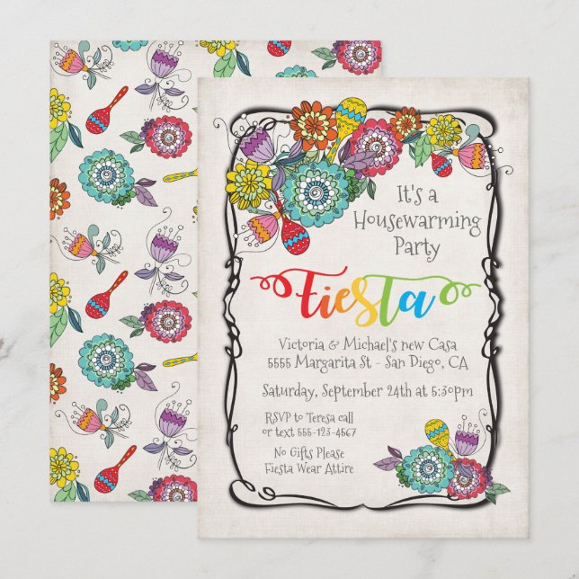 Colorful Floral Mexican Fiesta Housewarming Party Invitation (Front/Back)