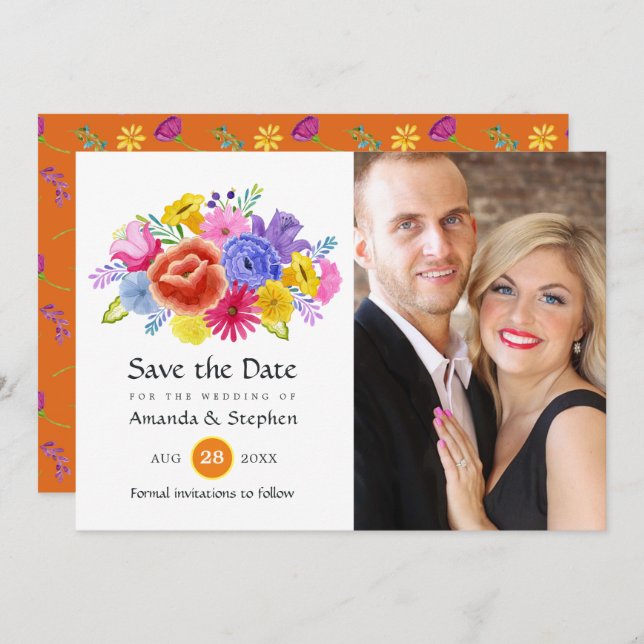 Colorful Floral Mexican Fiesta Wedding Photo Save The Date (Front/Back)
