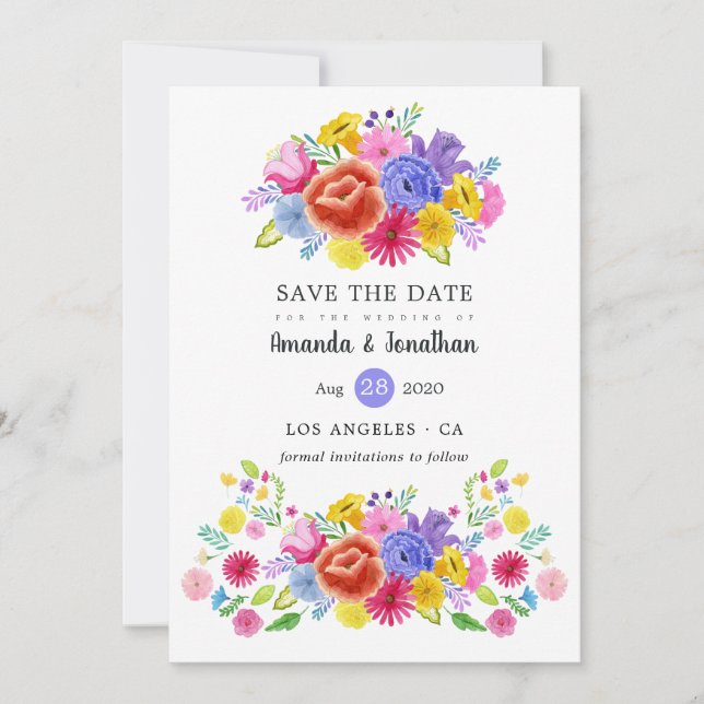 Colorful Floral Mexican Fiesta Wedding Photo Save The Date (Front)
