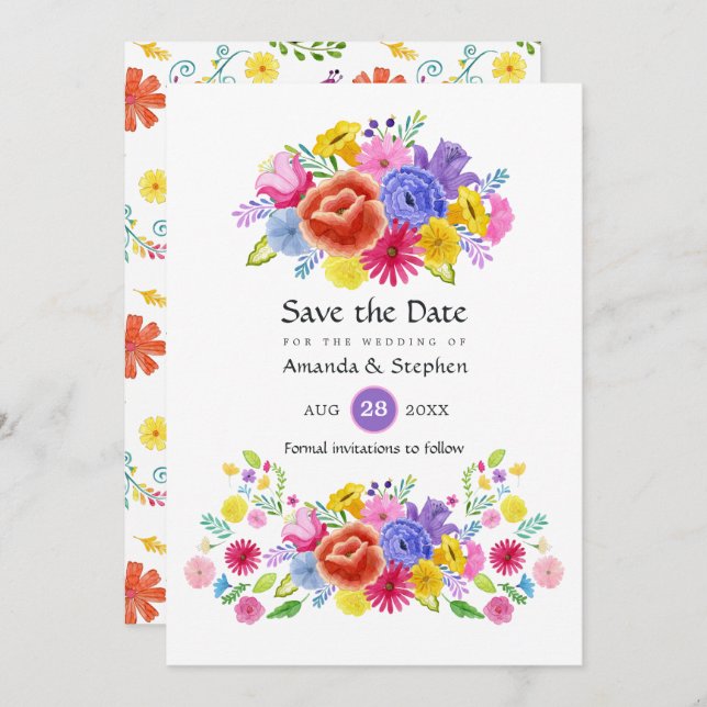 Colorful Floral Mexican Fiesta Wedding Save The Date (Front/Back)