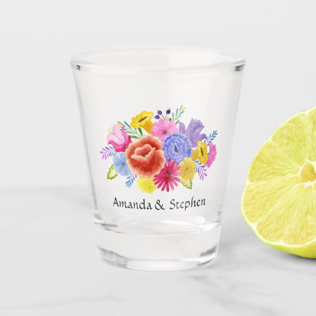 Colorful Floral Mexican Fiesta Wedding Shot Glass (Front)