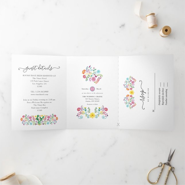 Colorful Floral Mexican Fiesta Wedding Tri-Fold In Invitation (Inside)