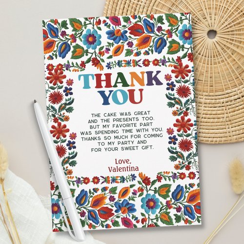 Colorful Floral Mexican Folk Art Embroidery Fiesta Thank You Card