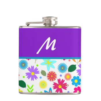 Colorful Floral Monogram Drinking Flask by Hannahscloset at Zazzle