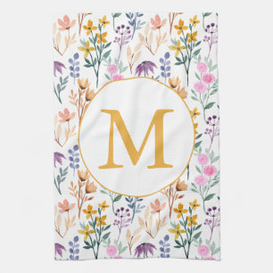 Colorful Floral Monogram Kitchen Decor Towel