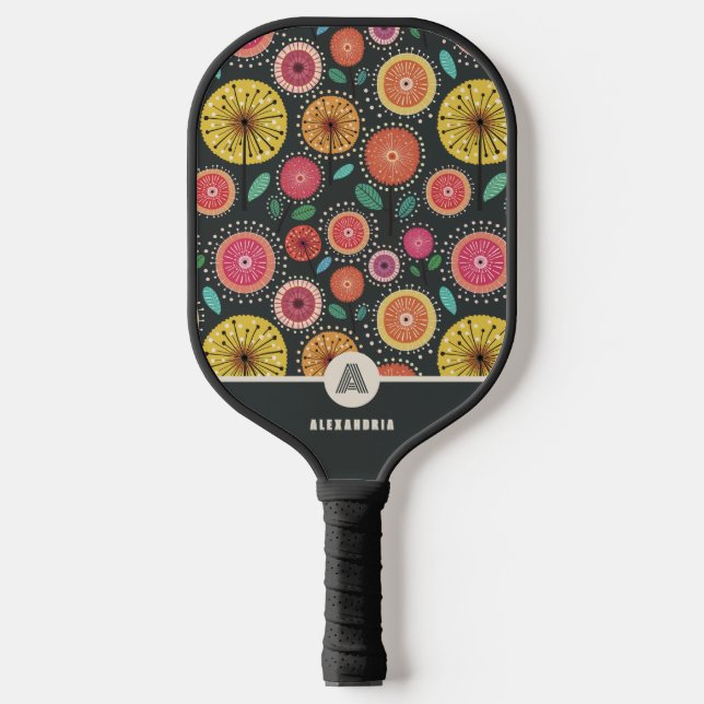 Colorful Floral Monogram Pickleball Paddle (Front)