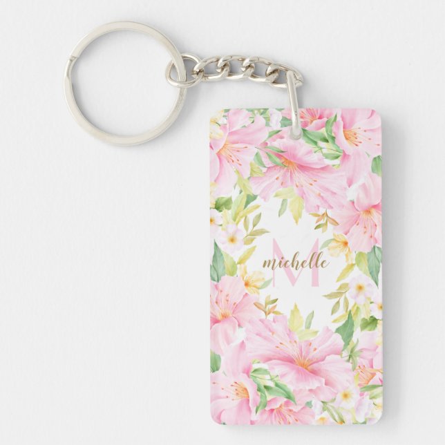 Colorful Floral Monogram Watercolor Botanical Pink Keychain (Front)