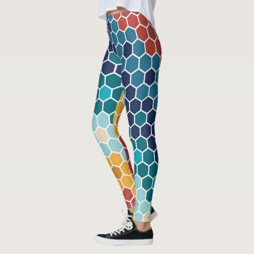 Colorful Floral Mosaic Hexagon Pattern Leggings