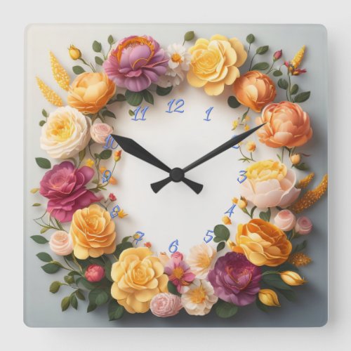  Colorful Floral Motif  Square Wall Clock