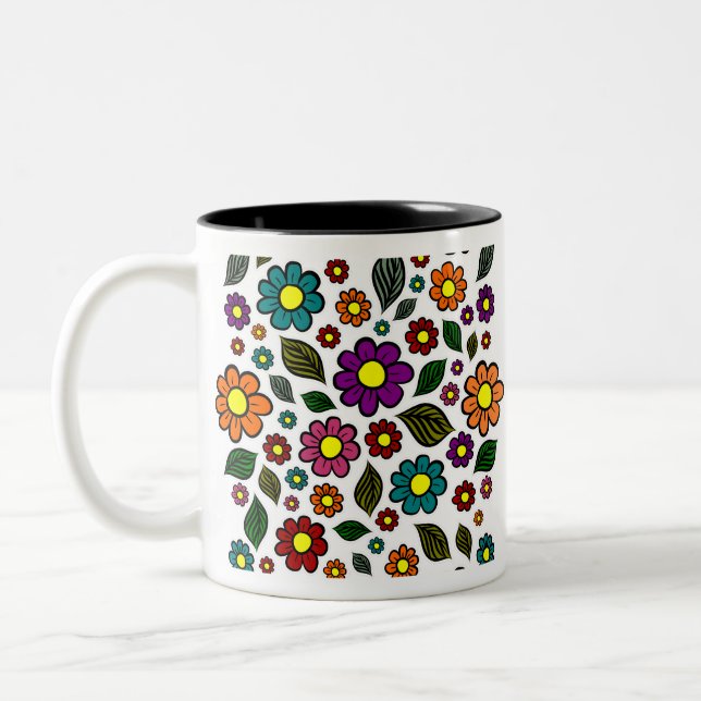 Colorful Floral Nature Pattern Two-Tone Coffee Mug (Left)