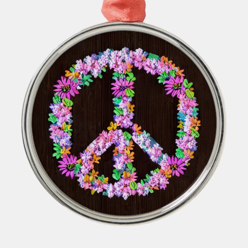 Colorful Floral Nature Peace Symbol Hippie Style Metal Ornament