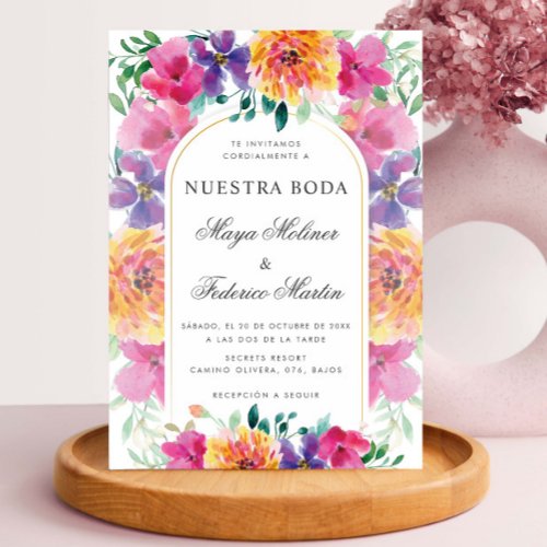 Colorful Floral Nuestra Boda Spanish Wedding Invitation