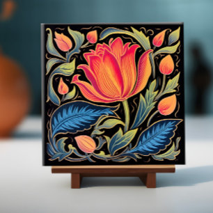 Colorful Floral on Black Ceramic Tile