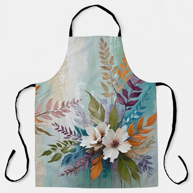 Colorful Floral on Blue Beige White Lavender  Apron (Front)