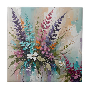 Colorful Floral on Blue Beige White Lavender Ceramic Tile