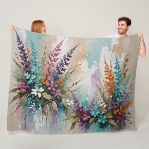 Colorful Floral on Blue Beige White Lavender Fleece Blanket