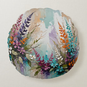 Colorful Floral on Blue Beige White Lavender Round Pillow