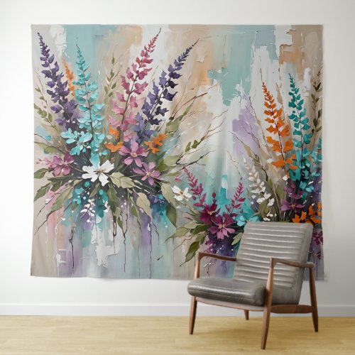 Colorful Floral on Blue Beige White Lavender Tapestry