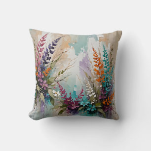 Colorful Floral on Blue Beige White Lavender Throw Pillow