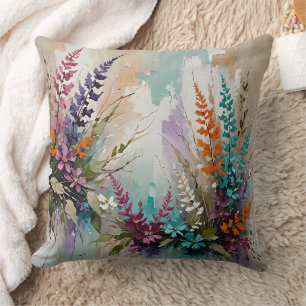 Colorful Floral on Blue Beige White Lavender  Throw Pillow