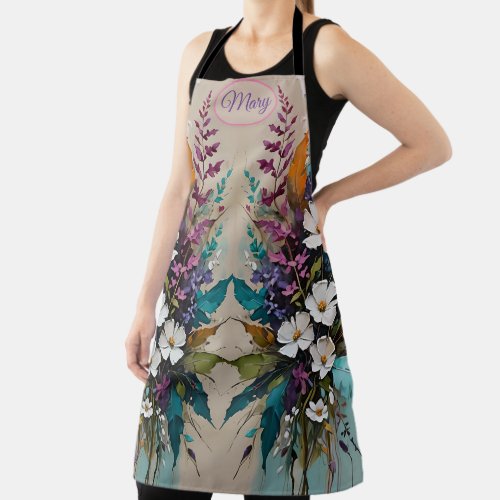 Colorful Floral on Teal Blue Beige  Apron