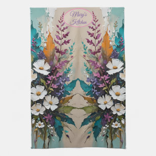 Colorful Floral on Teal Blue Beige *PERSONALIZE* Kitchen Towel