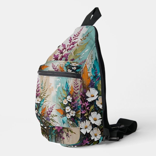 Colorful Floral on Teal Blue Beige  Sling Bag (Right Corner)