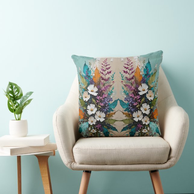 Colorful Floral on Teal Blue Beige  Throw Pillow (Chair)