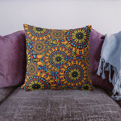 Colorful Floral Oriental Mandalas Pattern Throw Pillow