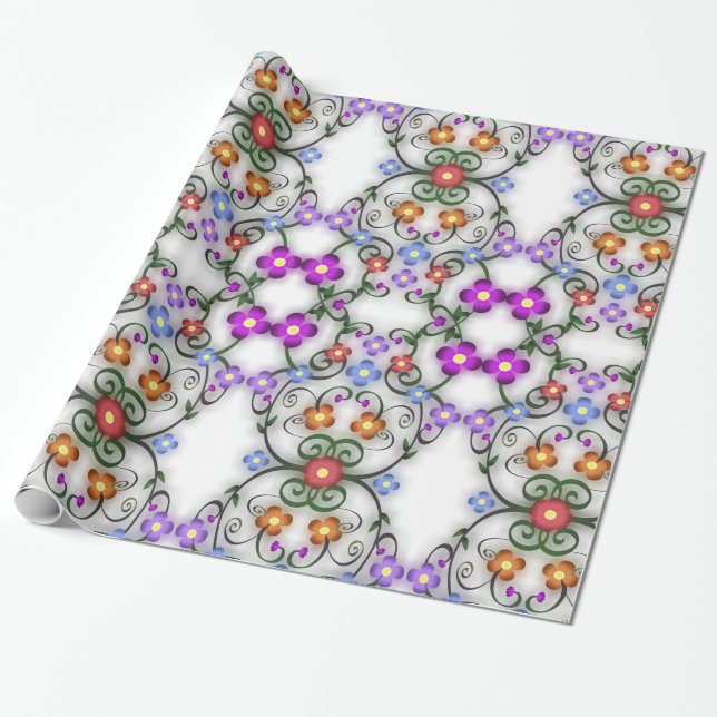Colorful Floral Ornaments Wrapping Paper (Unrolled)