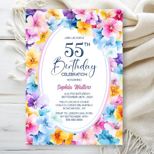 Colorful Floral Oval 55th Birthday Party Invitation