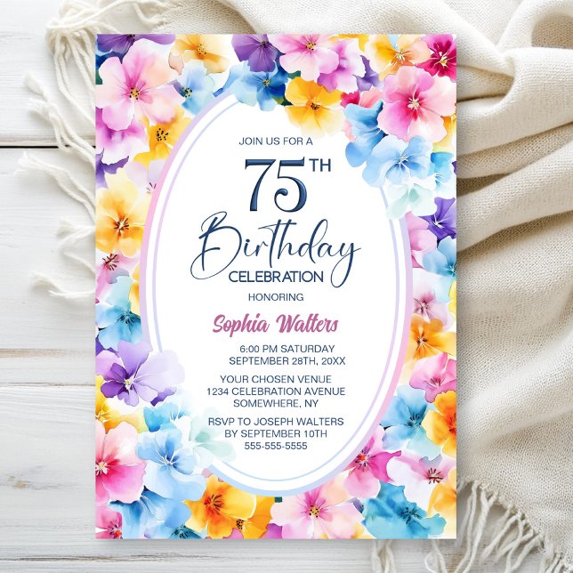 Colorful Floral Oval 75th Birthday Party Invitation (Creator Uploaded)