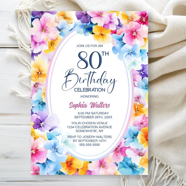 Colorful Floral Oval 80th Birthday Party Invitation (Creator Uploaded)