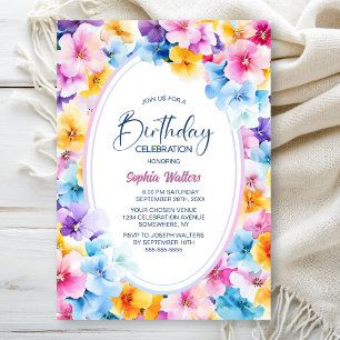 Colorful Floral Oval Birthday Party Invitation