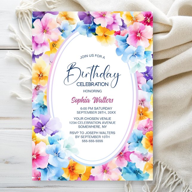 Colorful Floral Oval Birthday Party Invitation (Creator Uploaded)