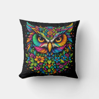 Colorful Floral Owl Pillow – Vibrant Rainbow Boho