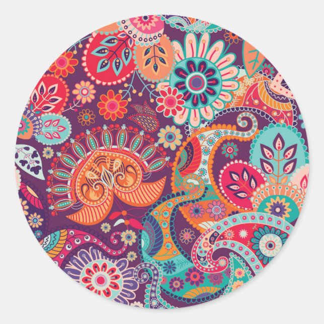 Colorful Floral Paisley  Classic Round Sticker (Front)