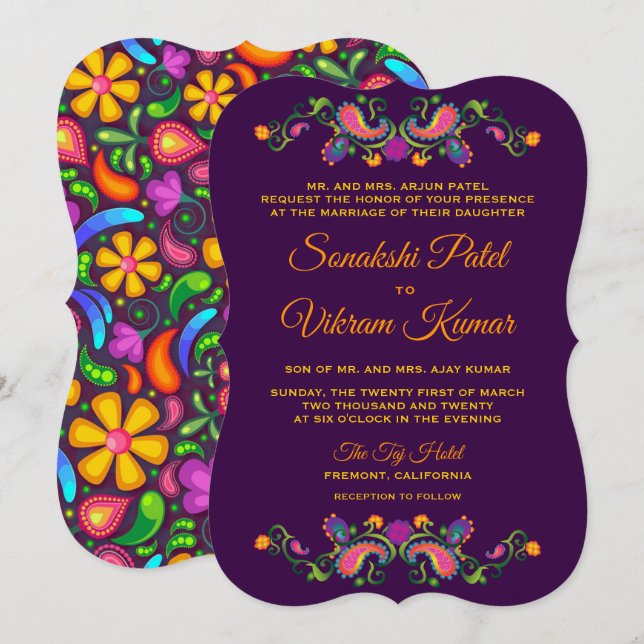 Colorful Floral Paisley Indian Wedding Invitation (Front/Back)