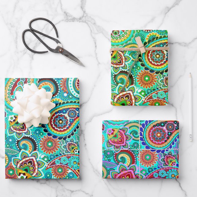 Colorful Floral Paisley Wrapping Paper Sheets (Front)